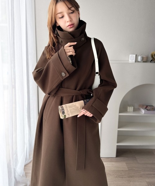 classicalelf（クラシカルエルフ）の「包み込まれる温かさ。衿2way比翼スタンドウール調ステンカラーコート（ロング丈）（ステンカラーコート・レディース・アイボリー/ブラック/ブラウン・X-LARGE/LARGE/MEDIUM/SMALL）」の8枚目の写真