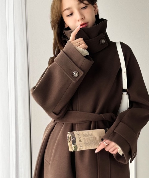 未使用品 休日と詩 新しい比翼のコート ステンカラーコート 中綿ブラウン ロング セール】包み込まれる温かさ。衿2way比翼スタンドウール調ステンカラー