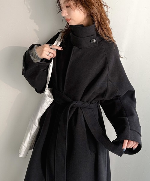 classicalelf（クラシカルエルフ）の「包み込まれる温かさ。衿2way比翼スタンドウール調ステンカラーコート（ロング丈）（ステンカラーコート・レディース・アイボリー/ブラック/ブラウン・X-LARGE/LARGE/MEDIUM/SMALL）」の6枚目の写真