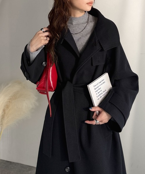 ステンカラーコート　新品タグ付き　コシノヒロコ アンゴラウール　黒　ゆったりXL セール】包み込まれる温かさ。衿2way比翼スタンドウール調ステンカラー