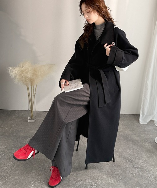 classicalelf（クラシカルエルフ）の「包み込まれる温かさ。衿2way比翼スタンドウール調ステンカラーコート（ロング丈）（ステンカラーコート・レディース・アイボリー/ブラック/ブラウン・X-LARGE/LARGE/MEDIUM/SMALL）」の19枚目の写真