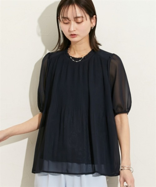 nissen（ニッセン）の「【ＵＶカット・防汚・花粉防止】プリーツフリル半袖ブラウス（シャツ/ブラウス・レディース・ネイビー/グレー/オフホワイト・M/L/LL）」の3枚目の写真