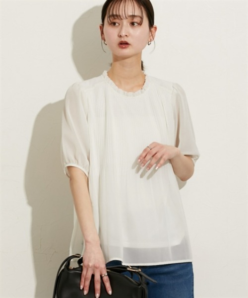 nissen（ニッセン）の「【ＵＶカット・防汚・花粉防止】プリーツフリル半袖ブラウス（シャツ/ブラウス・レディース・ネイビー/グレー/オフホワイト・M/L/LL）」の4枚目の写真