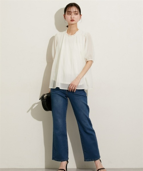 nissen（ニッセン）の「【ＵＶカット・防汚・花粉防止】プリーツフリル半袖ブラウス（シャツ/ブラウス・レディース・ネイビー/グレー/オフホワイト・M/L/LL）」の7枚目の写真