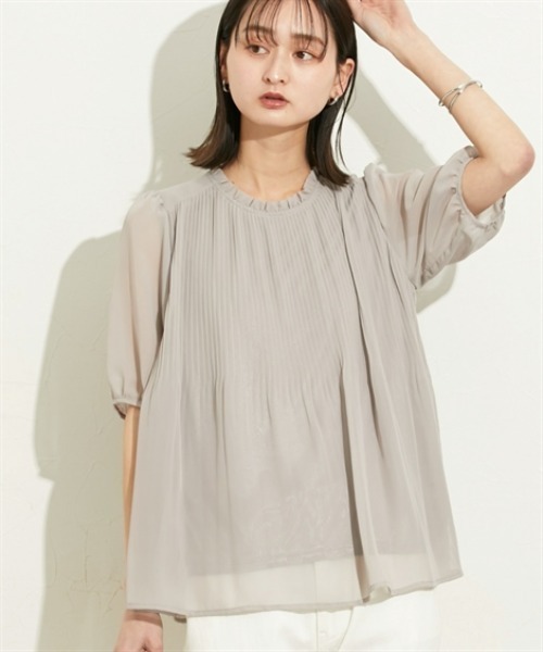 nissen（ニッセン）の「【ＵＶカット・防汚・花粉防止】プリーツフリル半袖ブラウス（シャツ/ブラウス・レディース・ネイビー/グレー/オフホワイト・M/L/LL）」の9枚目の写真