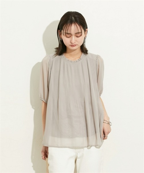 nissen（ニッセン）の「【ＵＶカット・防汚・花粉防止】プリーツフリル半袖ブラウス（シャツ/ブラウス・レディース・ネイビー/グレー/オフホワイト・M/L/LL）」の10枚目の写真