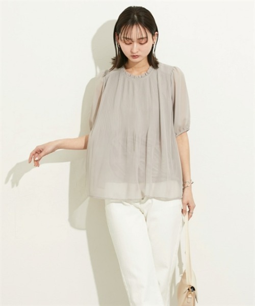 nissen（ニッセン）の「【ＵＶカット・防汚・花粉防止】プリーツフリル半袖ブラウス（シャツ/ブラウス・レディース・ネイビー/グレー/オフホワイト・M/L/LL）」の11枚目の写真