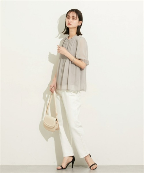 nissen（ニッセン）の「【ＵＶカット・防汚・花粉防止】プリーツフリル半袖ブラウス（シャツ/ブラウス・レディース・ネイビー/グレー/オフホワイト・M/L/LL）」の12枚目の写真