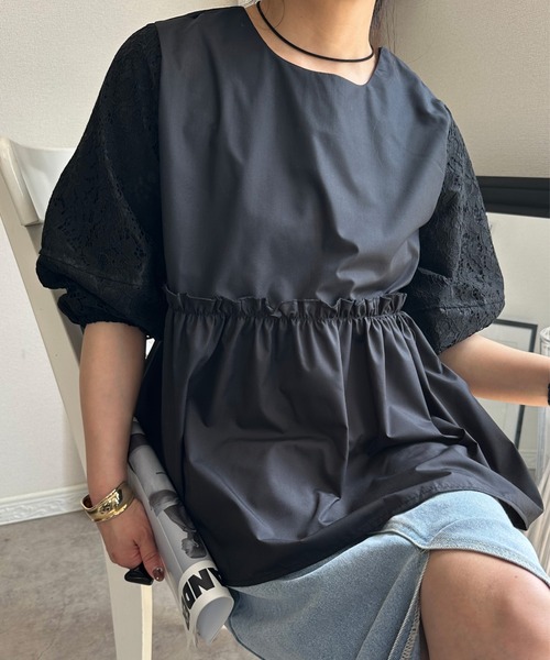 tシャツ 袖レース腰切り替えTシャツ レディース 袖レース腰切り替えTシャツ（Tシャツ/カットソー）｜deux amour