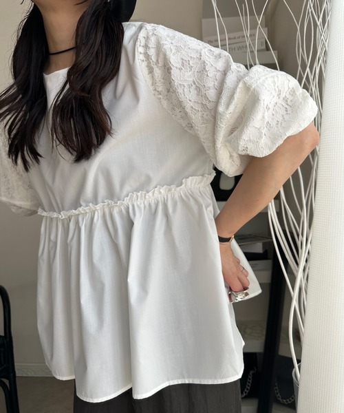tシャツ 袖レース腰切り替えTシャツ レディース 袖レース腰切り替えTシャツ（Tシャツ/カットソー）｜deux amour