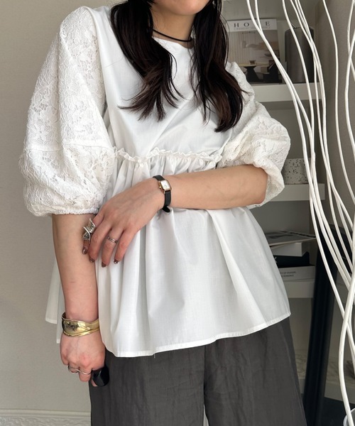 tシャツ 袖レース腰切り替えTシャツ レディース 袖レース腰切り替えTシャツ（Tシャツ/カットソー）｜deux amour