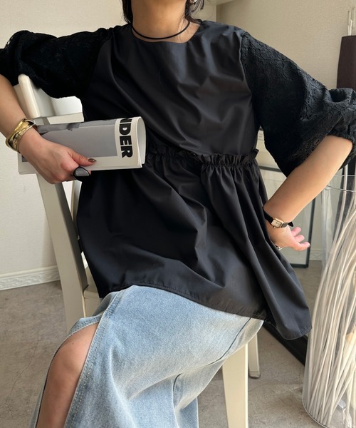deux amour(ドゥーザムール)の「袖レース腰切り替えTシャツ(Tシャツ/カットソー・レディース・ホワイト/ブラック・M~L)」の10枚目の写真