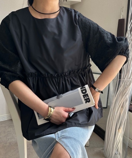 deux amour(ドゥーザムール)の「袖レース腰切り替えTシャツ(Tシャツ/カットソー・レディース・ホワイト/ブラック・M~L)」の13枚目の写真