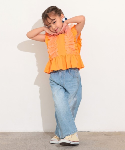 Ocean&Ground（オーシャン&グラウンド）の「Jr.ﾁｭｰﾙﾌﾘﾙﾉｰｽﾘｰﾌﾞﾄｯﾌﾟｽ（タンクトップ・キッズ・ホワイト/レッド系/ブラック・150/160）」の9枚目の写真