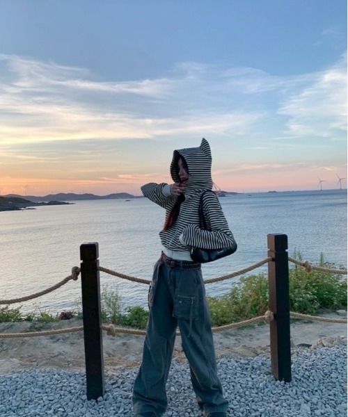 almo（アルモ）の「【LAMPOON】ボーダーキャットパーカー（パーカー・レディース・ホワイト・SMALL/MEDIUM/LARGE）」の6枚目の写真