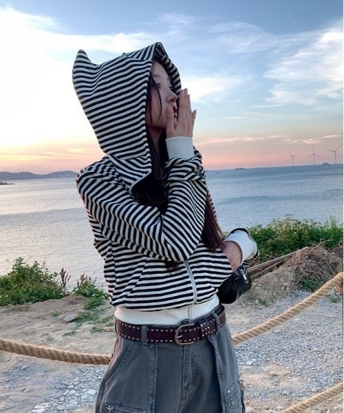 almo（アルモ）の「【LAMPOON】ボーダーキャットパーカー（パーカー・レディース・ホワイト・SMALL/MEDIUM/LARGE）」の11枚目の写真