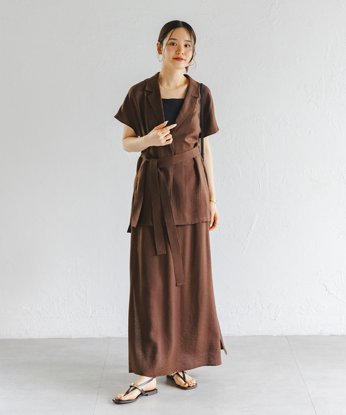 セール】【洗える】ファジーリネンニュアンスベルテッドブラウス