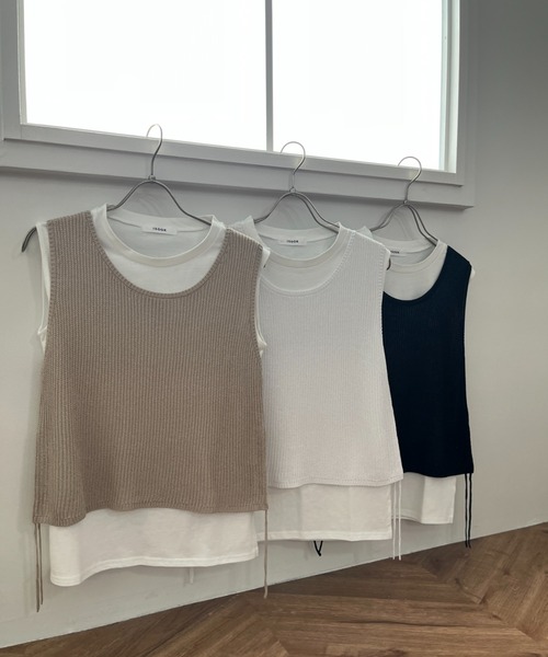 ISOOK（アイスー）の「ニットベスト＆ノースリーブTシャツセット (chiica original) / 2点セット サマーニット シアーニット タンクトップ 夏（ベスト・レディース・ブラック/ホワイト/ベージュ・FREE）」の15枚目の写真
