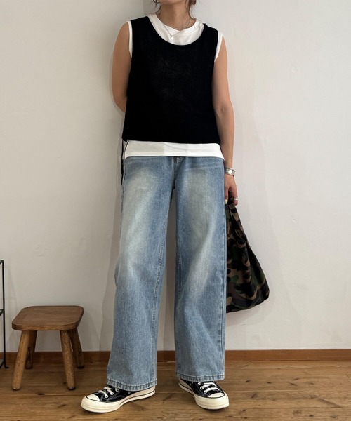 ISOOK（アイスー）の「ニットベスト＆ノースリーブTシャツセット (chiica original) / 2点セット サマーニット シアーニット タンクトップ 夏（ベスト・レディース・ブラック/ホワイト/ベージュ・FREE）」の9枚目の写真