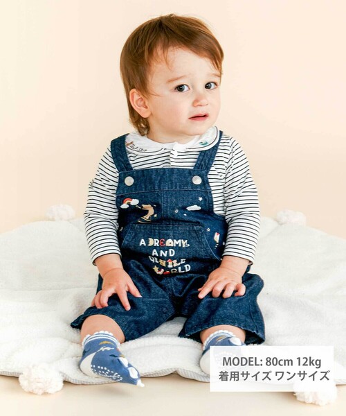 セール】【お揃い】デニムチェックフロントプリントサロペットベビー