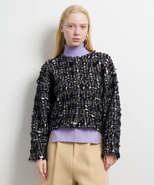 LANVIN en Bleu(ランバンオンブルー)の「ロゴカットジャガードニットジャケット(ニット/セーター・レディース・ブラック・38)」の1枚目の写真