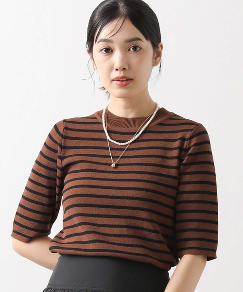 CLOCHE(クロシェ)の「ボーダー5分袖ニット(ニット/セーター・レディース・ブラウン系/ブラック×ベージュ・38)」の1枚目の写真