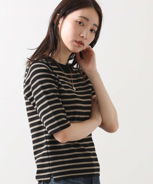 CLOCHE(クロシェ)の「ボーダー5分袖ニット(ニット/セーター・レディース・ブラウン系/ブラック×ベージュ・38)」の2枚目の写真