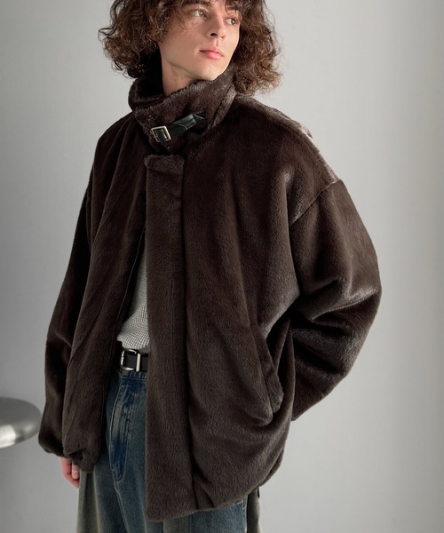 ジャケット・アウター vintage fur coat セール】3wayベルト襟フェイクファー素材ジャケット／Belted Collar