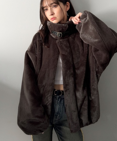 セール】3wayベルト襟フェイクファー素材ジャケット／Belted Collar
