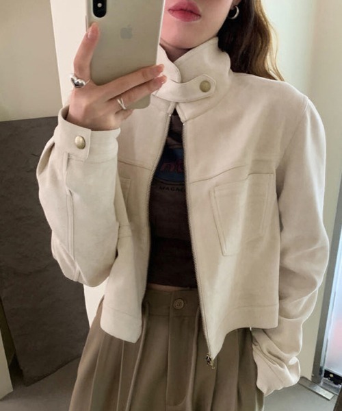 セール】スエード調スタンドカラークロップジャケット（ブルゾン