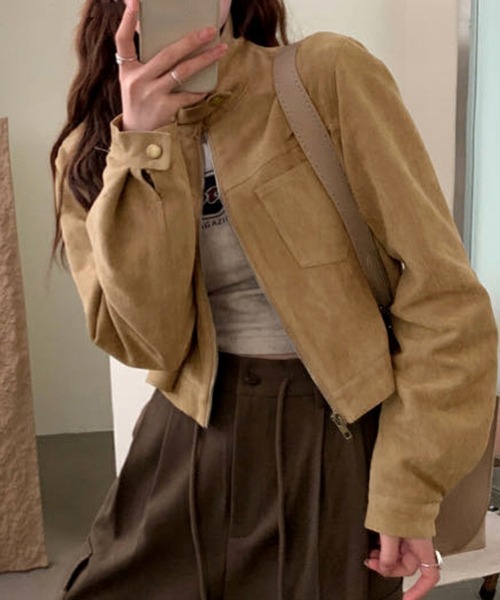 セール】スエード調スタンドカラークロップジャケット（ブルゾン