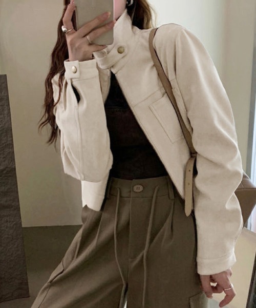 セール】スエード調スタンドカラークロップジャケット（ブルゾン