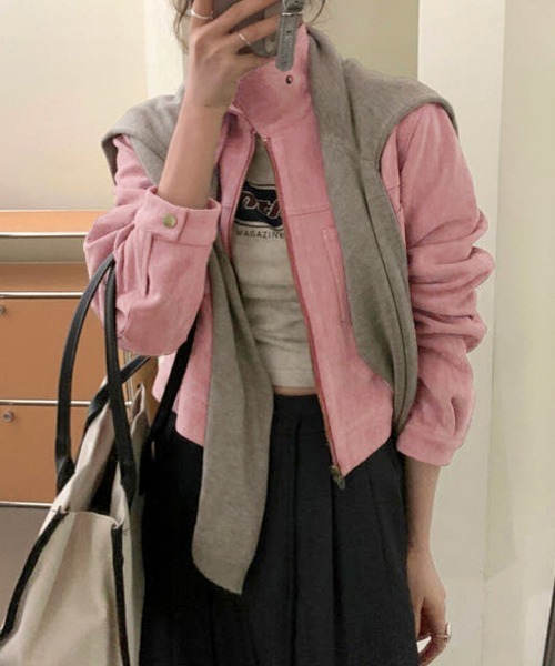 ReRe(リリ)の「スエード調スタンドカラークロップジャケット(ブルゾン・レディース・ブラック/ピンク/ブラウン/ベージュ/キャメル・FREE)」の14枚目の写真