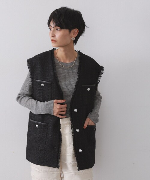 OPAQUE.CLIP（オペークドットクリップ）の「ツイードVネックベスト【洗濯機OK】（ベスト・レディース・ブラック系3/ブラック・42/40/38/36）」の3枚目の写真