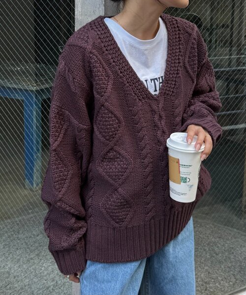WILLOW（ウィロー）の「【willow】Ｖネックケーブルニット（ニット/セーター・レディース・オフホワイト/ブラウン・ONE SIZE）」の18枚目の写真