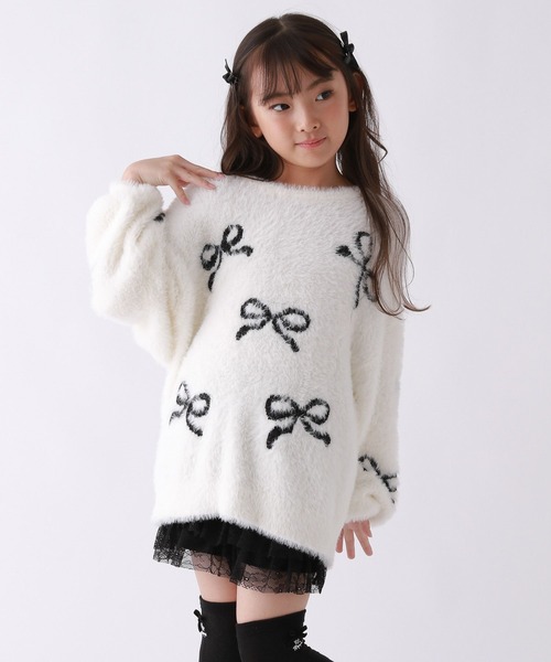 MeihaoStore リボン 立体刺繍 オーバー ホワイトニット シャギー 肩開リボンシャギーニット | Rlab store