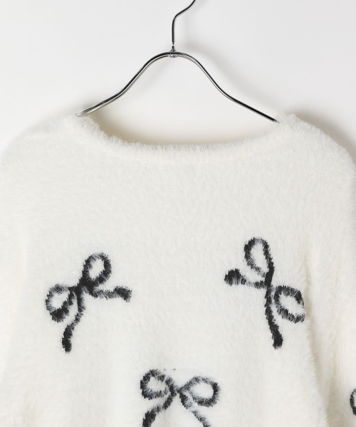 MeihaoStore リボン 立体刺繍 オーバー ホワイトニット シャギー 肩開リボンシャギーニット | Rlab store