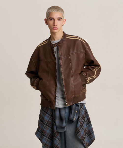 ヴィンテージトラックバイカーレザージャケット - ブラック