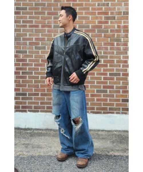 ヴィンテージトラックバイカーレザージャケット - ブラック
