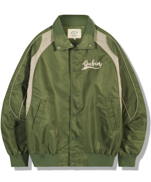 GUBIN(グビン)の「配色パターンベースボールジャケット - カーキ(その他アウター・レディース・その他・LARGE/MEDIUM)」の1枚目の写真