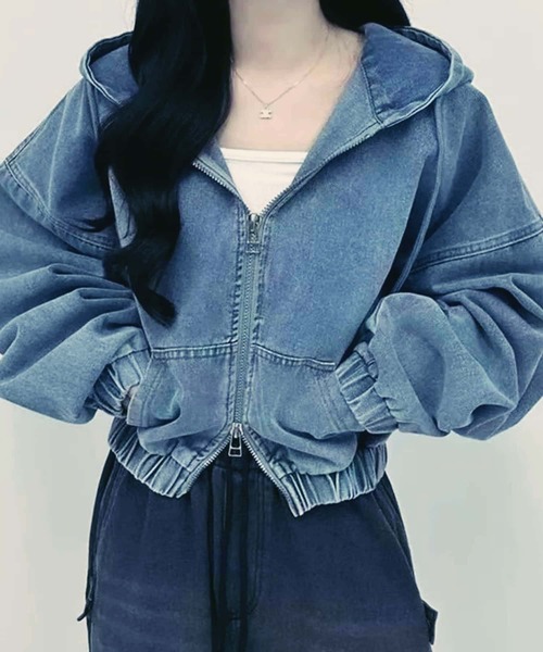 MAISON DE THERESE(メゾン ド テレーズ)の「フード付きダブルチャックデニムジャケット(デニムジャケット・レディース・ブラック/ブルー・M)」の1枚目の写真