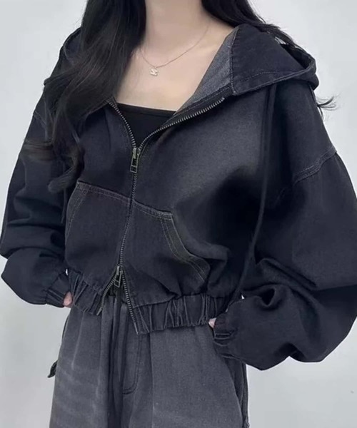 MAISON DE THERESE(メゾン ド テレーズ)の「フード付きダブルチャックデニムジャケット(デニムジャケット・レディース・ブラック/ブルー・M)」の4枚目の写真