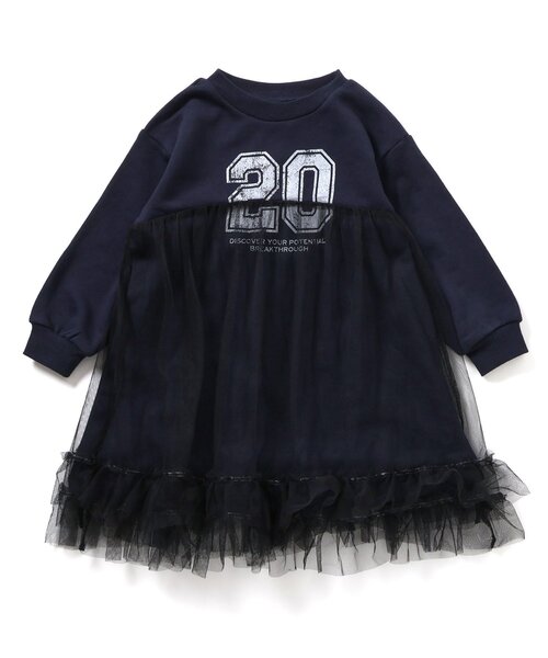 BREEZE(ブリーズ)の「ロゴ・ナンバリングチュールワンピ_ジュニア対応(ワンピース・キッズ・ベビーピンク/ネイビー・80/90/100/110/120/130/140)」の1枚目の写真
