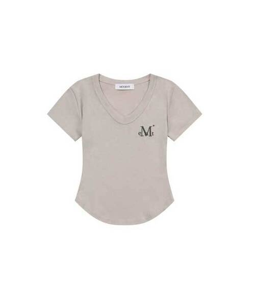 MUCENT(ムセント)の「ベリンVネッククロップローリング半袖ティー(5色)(Tシャツ/カットソー・レディース・チャコール/Beige/ホワイト/グレー/ブラック・FREE)」の5枚目の写真