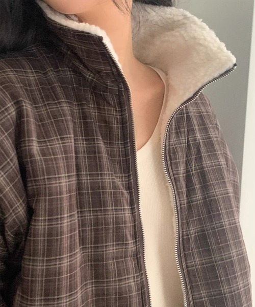 LYEON(リヨン)の「裏ボアチェックジャケット/ブルゾン(ブルゾン・レディース・ブラウン・FREE)」の13枚目の写真