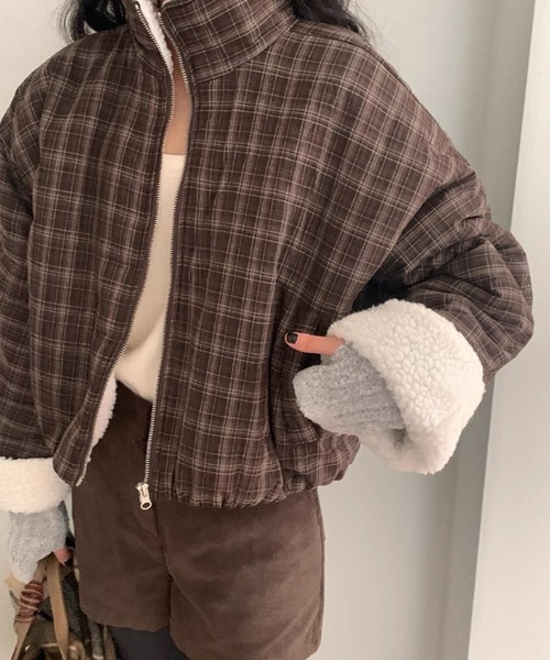 LYEON(リヨン)の「裏ボアチェックジャケット/ブルゾン(ブルゾン・レディース・ブラウン・FREE)」の14枚目の写真