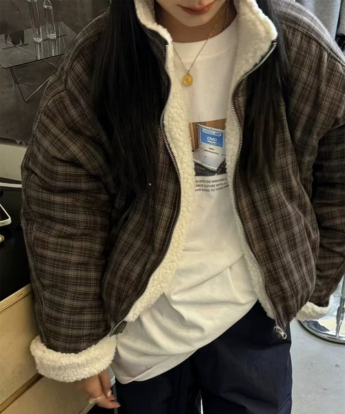 LYEON(リヨン)の「裏ボアチェックジャケット/ブルゾン(ブルゾン・レディース・ブラウン・FREE)」の16枚目の写真