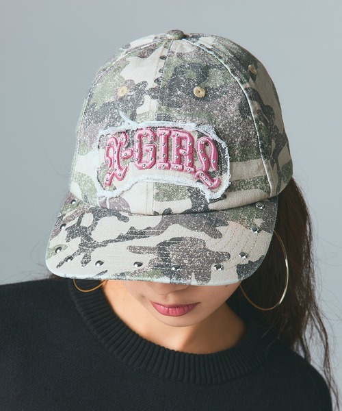 X-girl（エックスガール）の「STUDDED LOGO PATCH 6PANEL CAP（キャップ・レディース・ブラック/ピンク/カモフラージュ・ONE SIZE）」の6枚目の写真