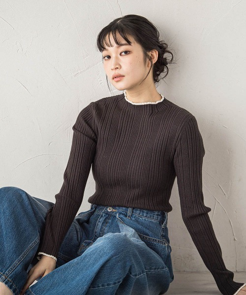 Droite lautreamont（ドロワットロートレアモン）の「袖ボタンランダムリブニット≪手洗い可能≫（ニット/セーター・レディース・オフホワイト/ピンク/イエロー/アイボリー/ブラック/チャコールグレー/ダークネイビー/ボルドー/ブラック系その他/ホワイト系その他・M）」の6枚目の写真