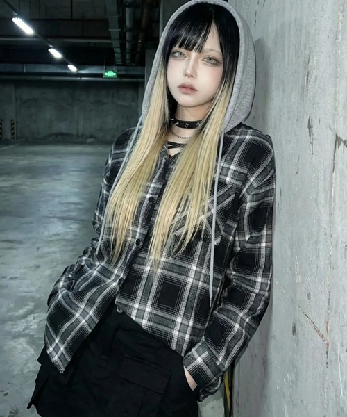 .KOM(ドットコム)の「『.KOM/ドットケーオーエム』フードSWTチェックシャツ【GC】(シャツ/ブラウス・レディース・ブルー/ブラック・FREE)」の5枚目の写真